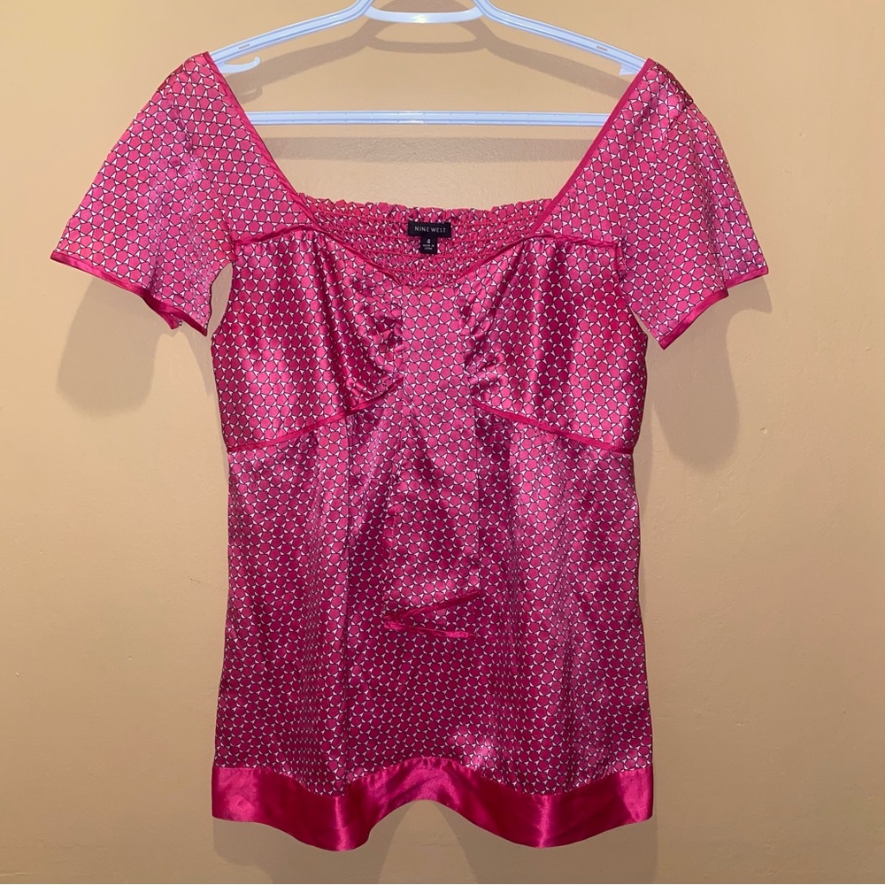 NINE WEST Vintage Y2K Silk Blouse Geometric Pink Top Shirt